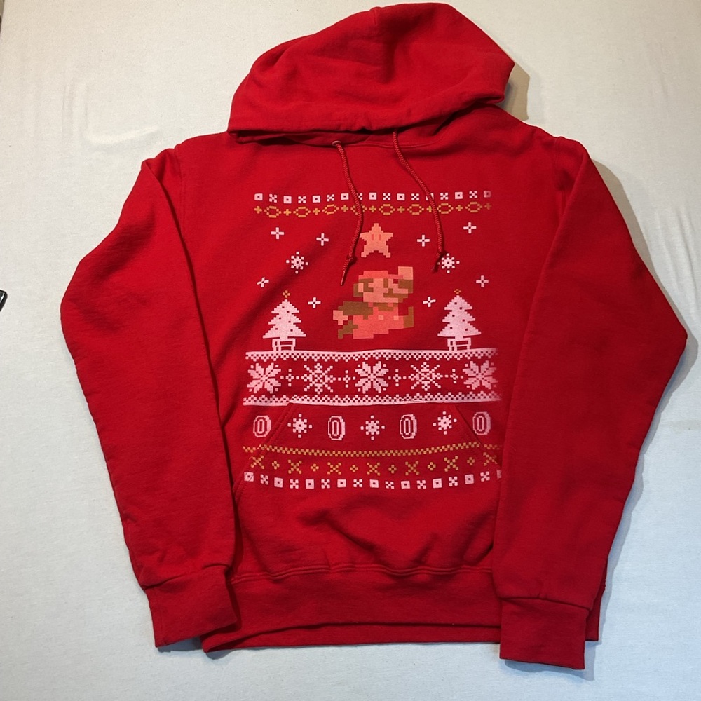 Nintendo Long Sleeve Red Hoodie, Christmas, 2D Mario, Size S Winter Holiday